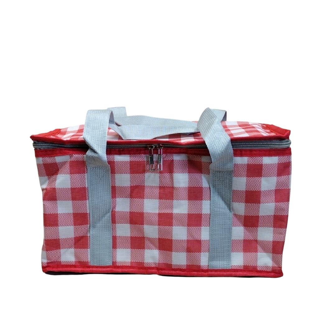 Red White Checkered Plaid Beach Casual  Utility Insulated Cooler Lunch Box Bag